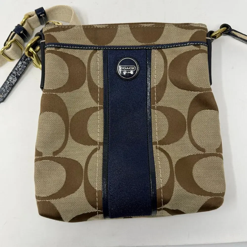 Coach Legacy Signature Stripe Swingpack Crossbody Bag Khaki Navy Canvas Purse